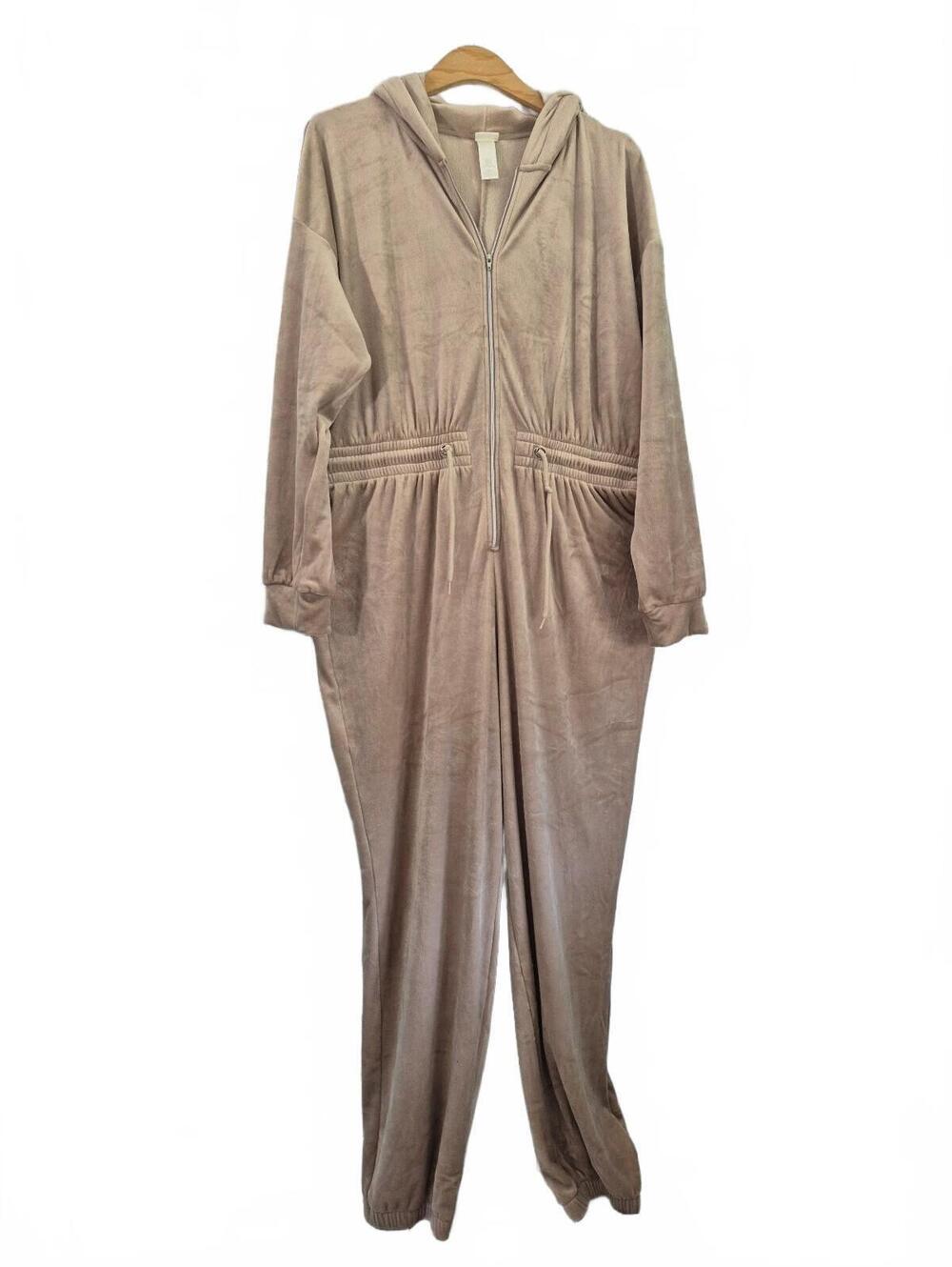 H&M Women’s Velour Hooded Jumpsuit One Piece Beige/Taupe Size Xl